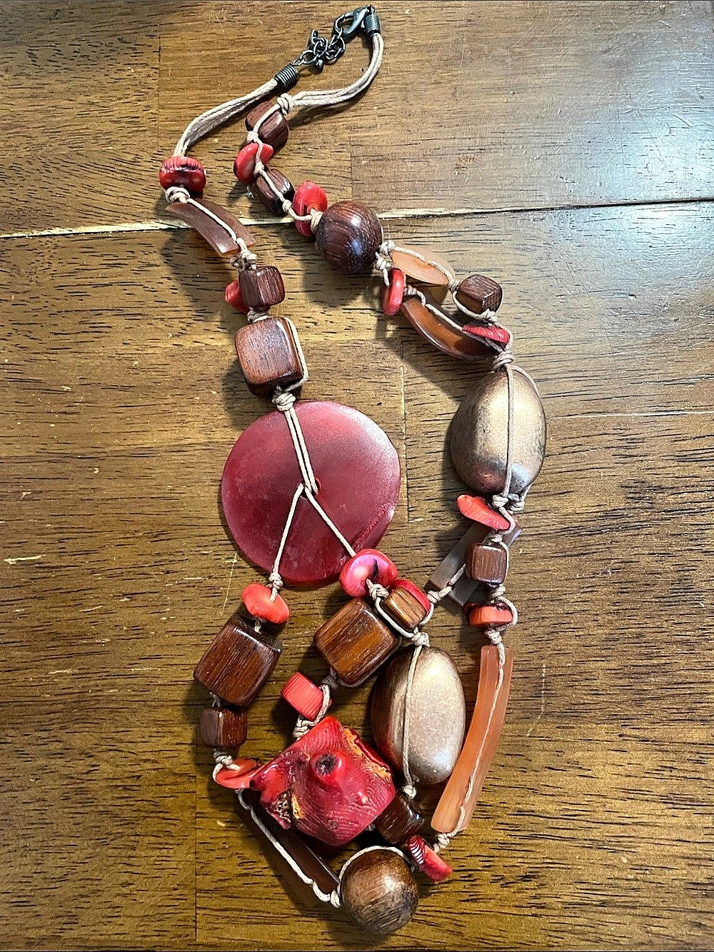 Vintage Artisan Mixed Media Natural Red Coral, Shell Disc & Carved Wood Statemen